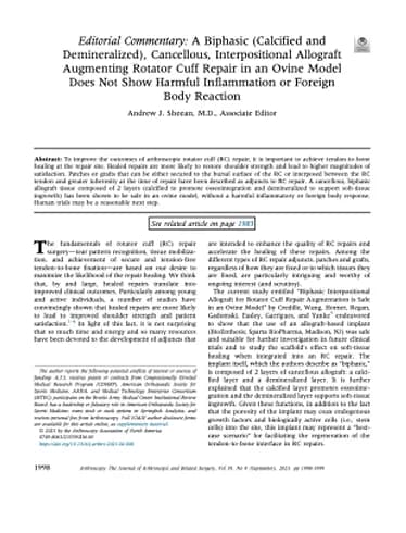 BioEnthesis™: Editorial commentary cover — Biphasic Allograft for Rotator Cuff Repair: Ovine Model (Sheean, 2023)